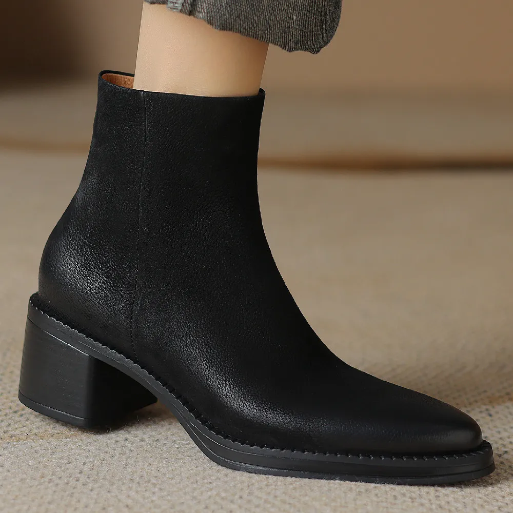 

Women's cow leather 5cm thick med heel pointed toe side zip autumn ankle boots casual female high quality short booties shoes