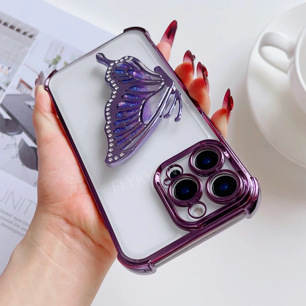 Electroplated Transparent Shiny Butterfly Bracket Phone Case
