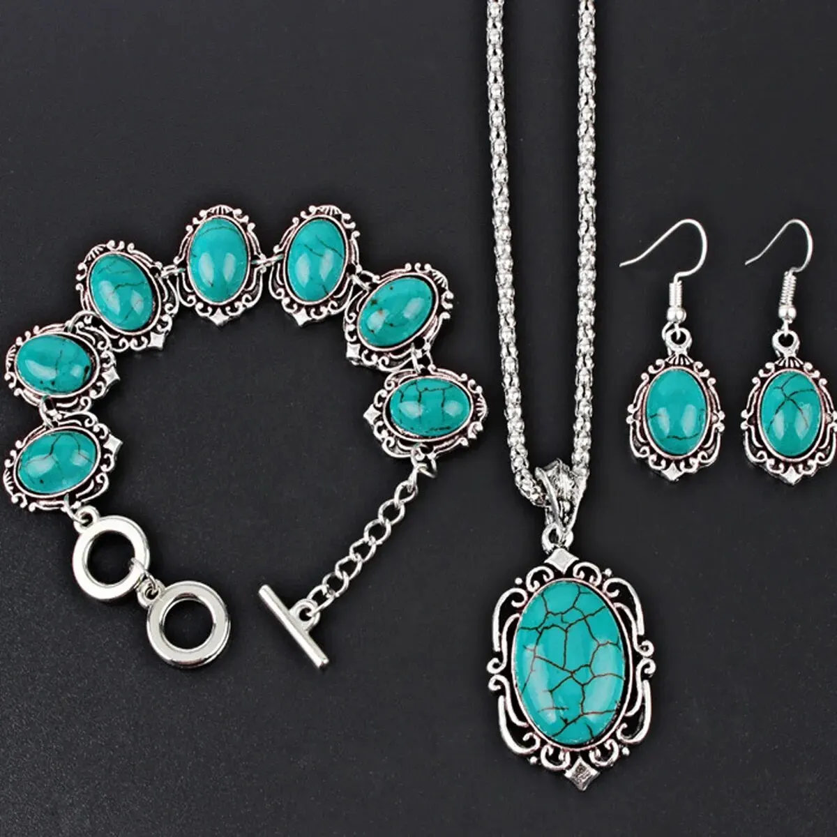 3pcs Women's Vintage Turquoise Bracelet Necklace Earrings Set, Healing Stone Decoration Gift(Without Box) 2