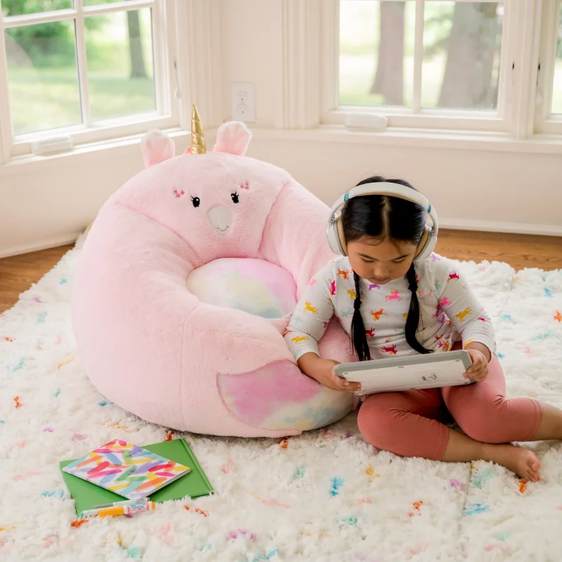 YourZoneKidsSoftPlushUnicornBeanBagChairKids225ftPinksofa