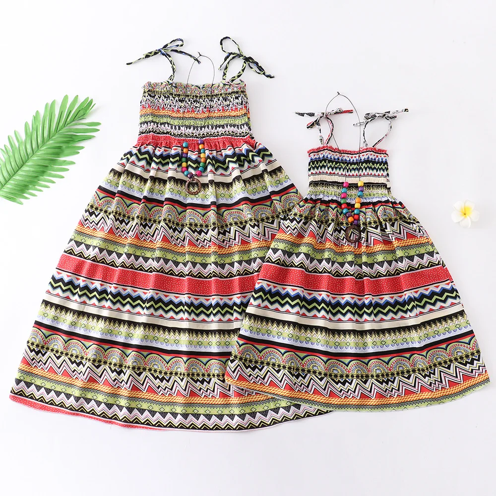 

2023 Girl Seaside Holiday Sling Dresses Family Matching Outfits Summer Beach Skirt Princess Parent-child Bohemian Children Dress