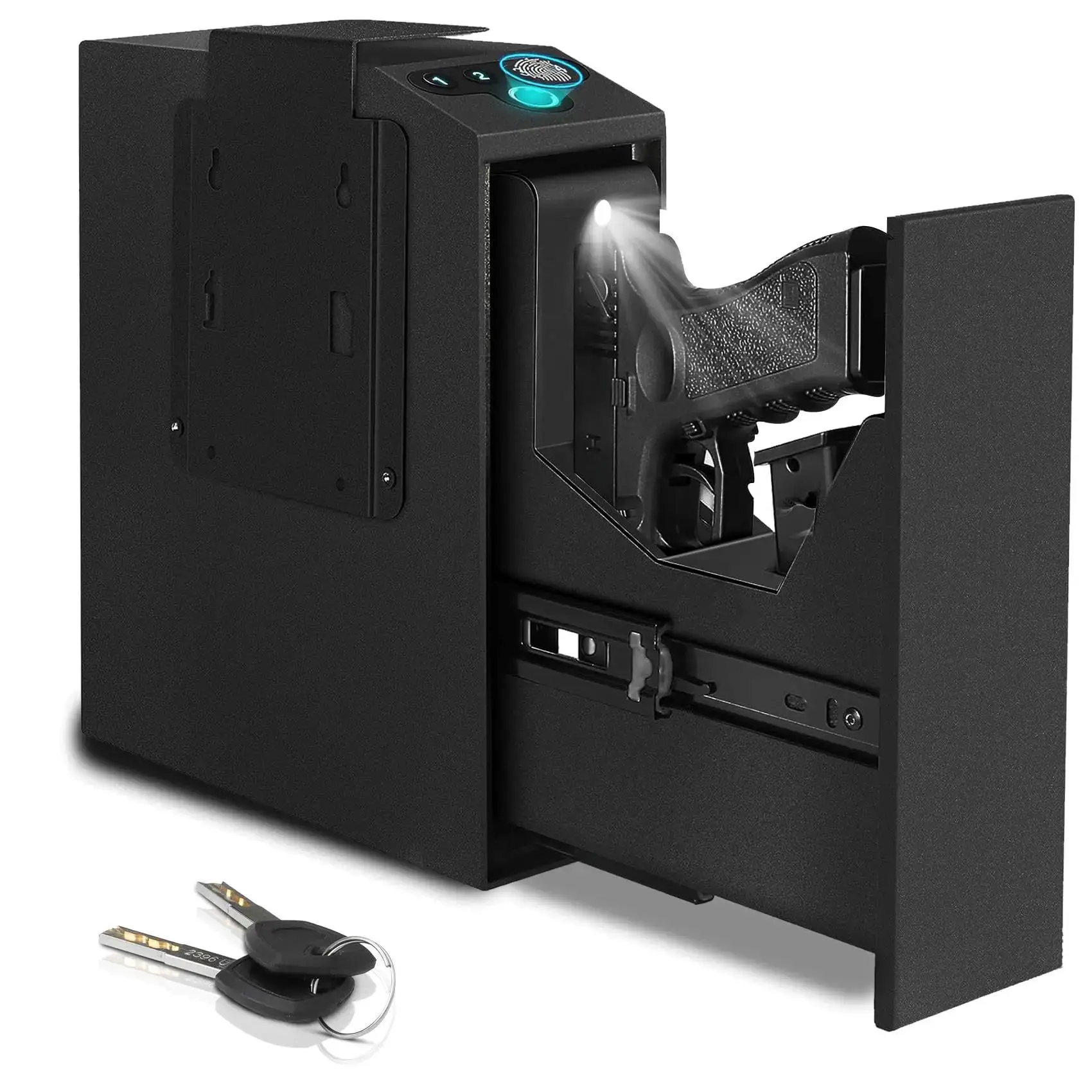 

New Mute Blue Light Code 3-in-1 Pull-out Fingerprint Key Code Safe Gun Box Fingerprint Key Wall Mounted Pistol Safes Box