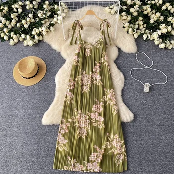 클로스랜드 여성용 스위트 플로럴 플리츠 스트랩, 원피스 활 타이, 민소매 백리스 원피스, 비치 웨어, 여름 미디 드레스, QD657