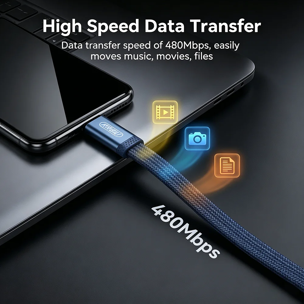 NNBILI PD 60W 플랫 듀얼 타입 C 데이터 케이블 고속 충전 3A USB C to USB C 고속 충전 케이블 아이폰 17 Pro 삼성 S26 맥북용