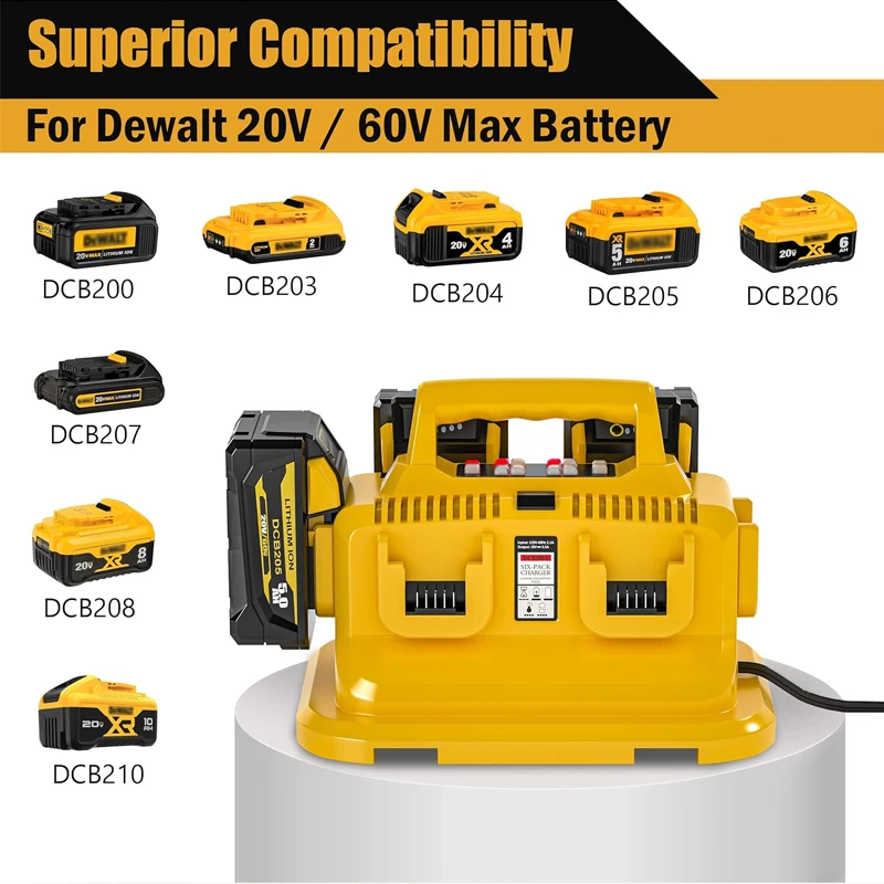 Battery Charger 6-Ports for Dewalt 20V/60V Compatible with DCB200 DCB203 DCB204