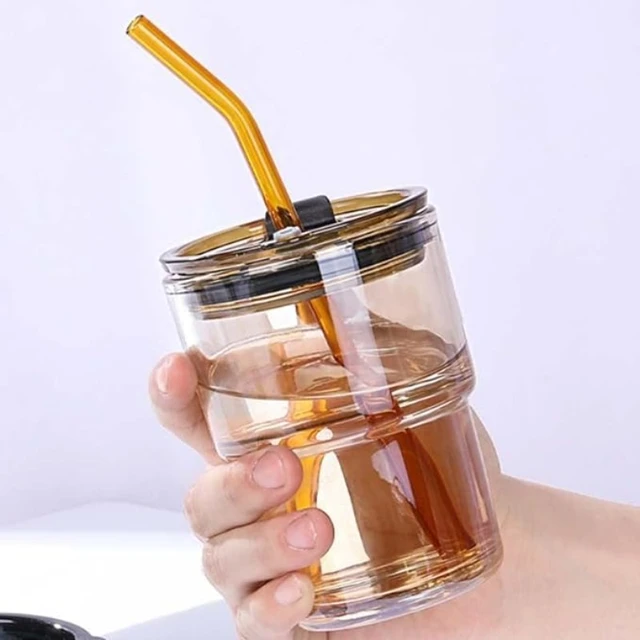 Glass tumblers with lid and straw 13oz 400ml tumbler water glass mug ice  coffee tumbler with leather…See more Glass tumblers with lid and straw 13oz