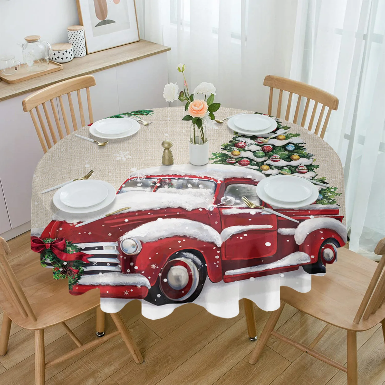 

Christmas Truck Fir Tree Berries Robin Round Tablecloth Waterproof Wedding Decor Table Cover Christmas Decorative Tablecloth