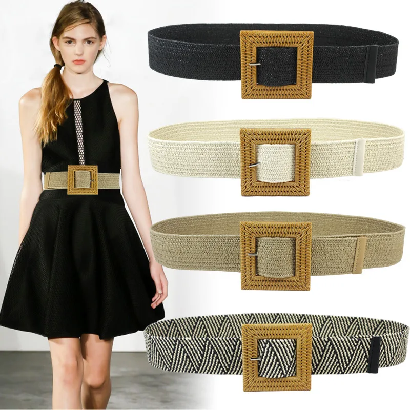 Square Buckle Woven Belt Women's Decorative Fashion Joker Elastic Belt Simple Waist Belt Women's Skirt One By One.