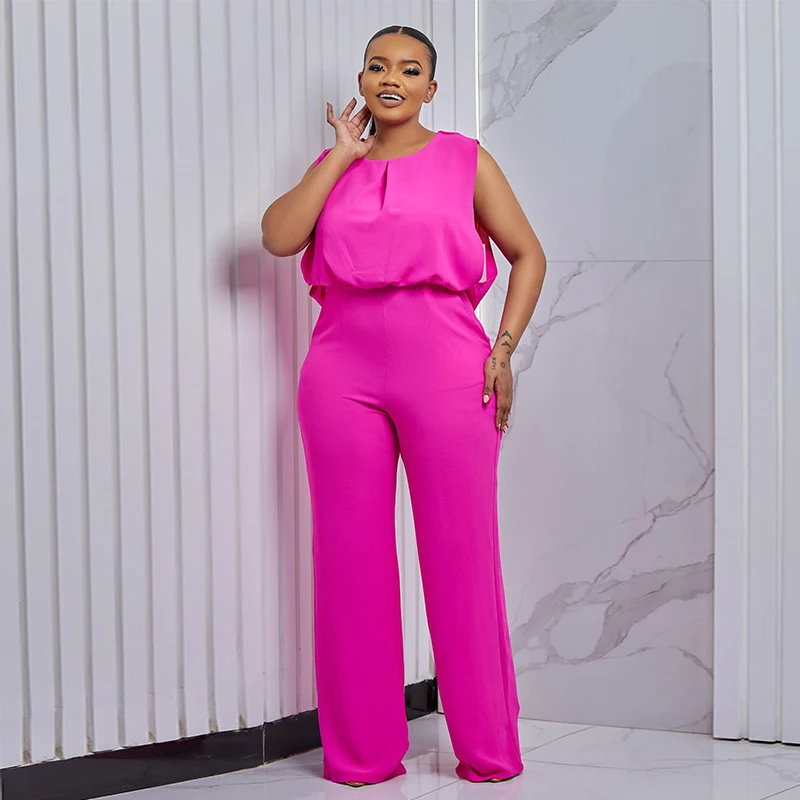 

New Fashion Women Jumpsuits Solid Rose Red Color Hollow Out Back Wide Leg Pant Jumpsuit Romper