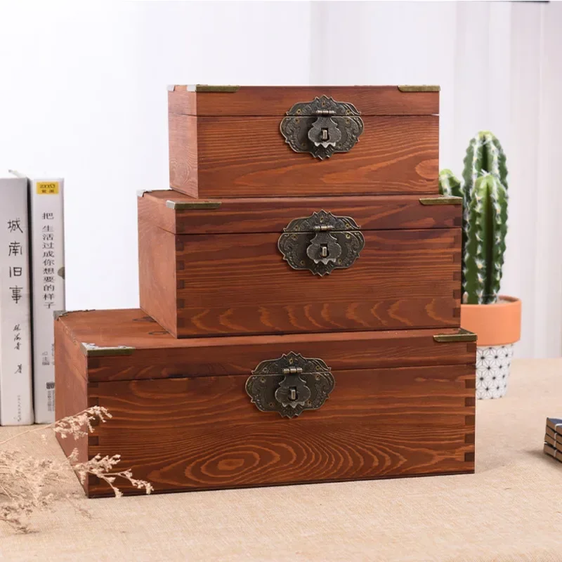 

Multifunctional Wooden Storage Box Retro Flip Cover with Lock Sundries Organizer Desktop Jewelry Gift Packaging Box