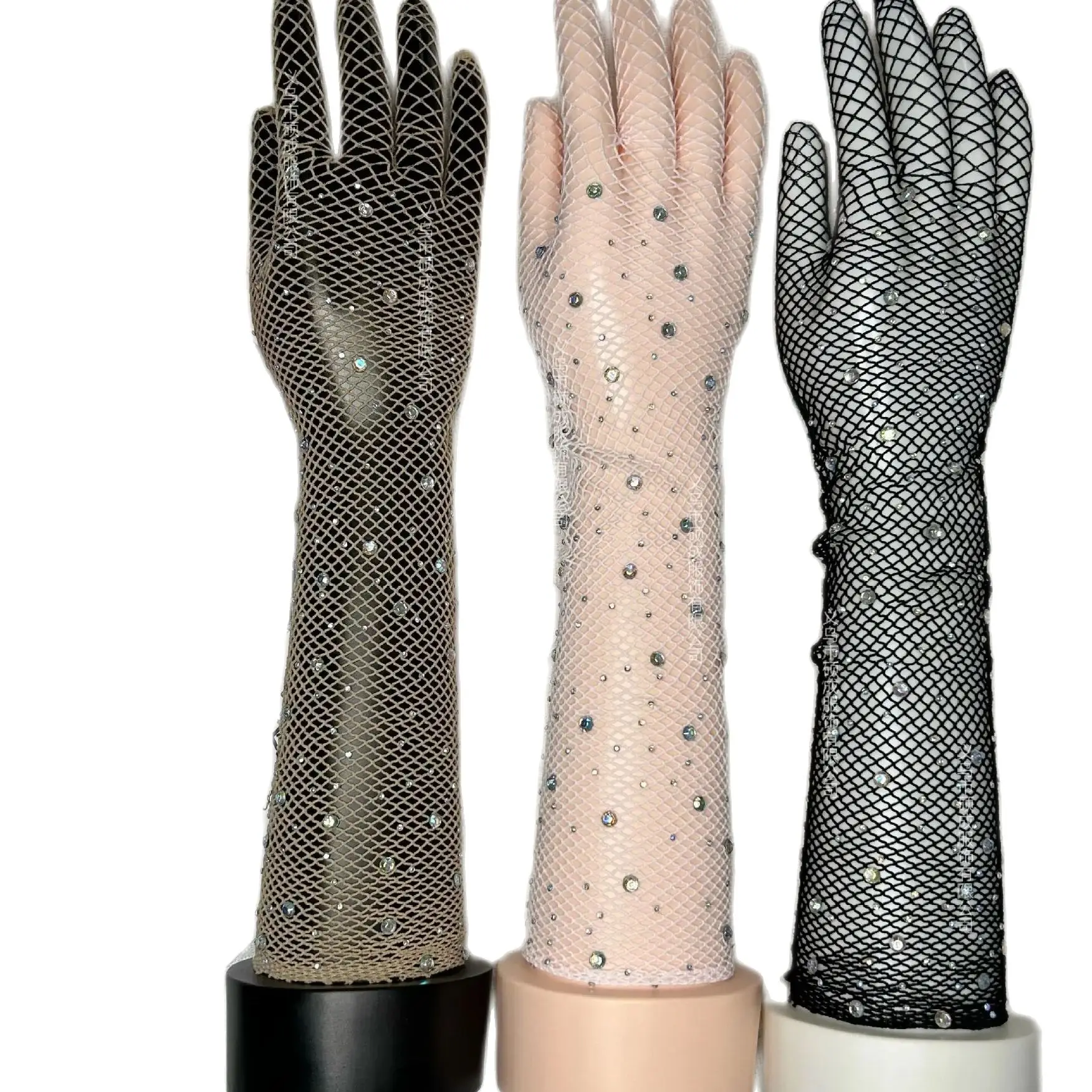 Black White Red Long Mesh Gloves With Rhinestones Hollow Fishing Net Women's Gloves Finger Fancy Cosplay Fishnet,lace gloves