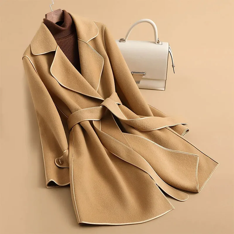 

Autumn Winter Mid Length Style Woolen Coat Women's High End Thickening Wool Jacket Cashmere Lapel Collar Belt Outerwear Female