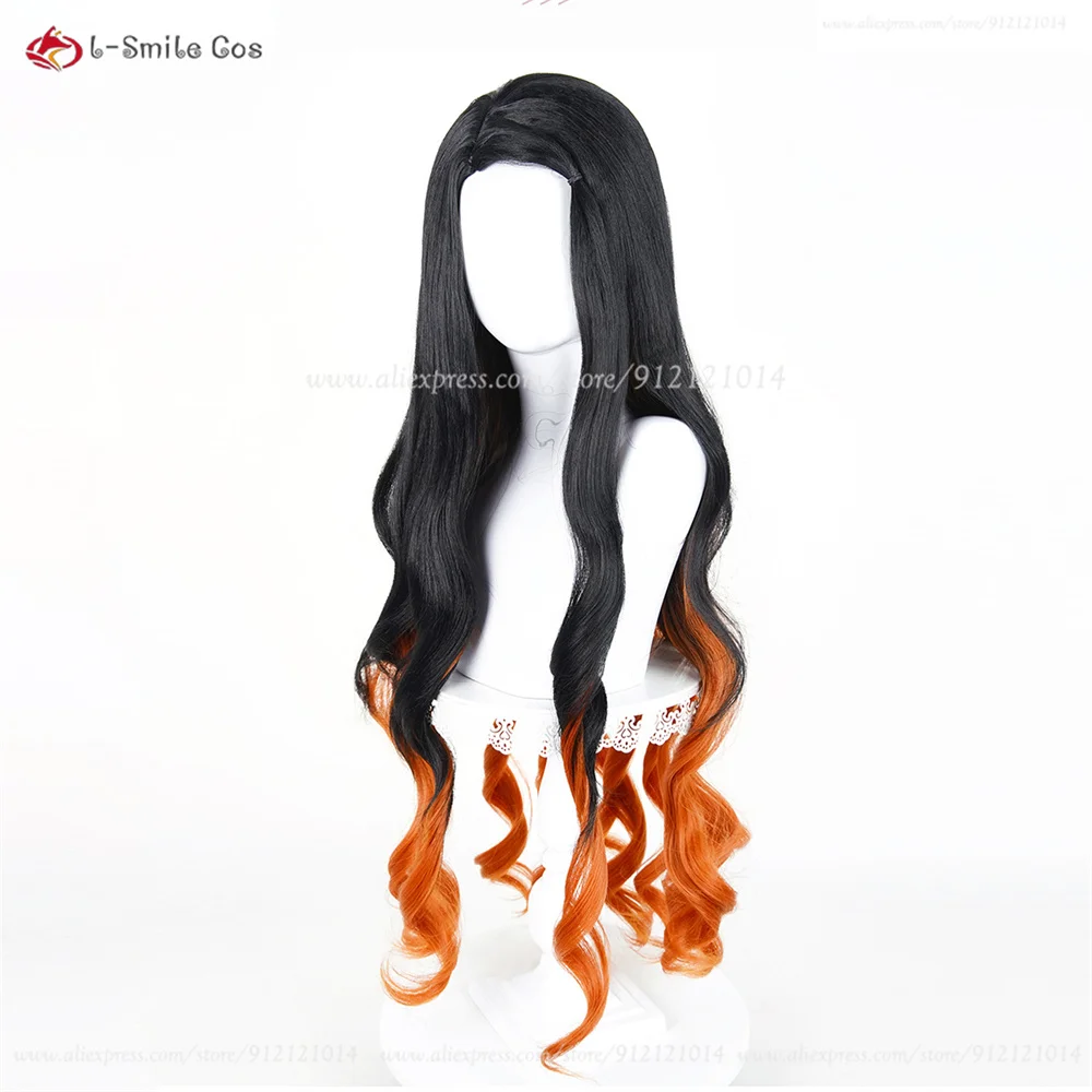 Kamado Nezuko Cosplay Perücke 100cm Gradient Curly Heat Resistant Synthetik Haar Anime Halloween 13