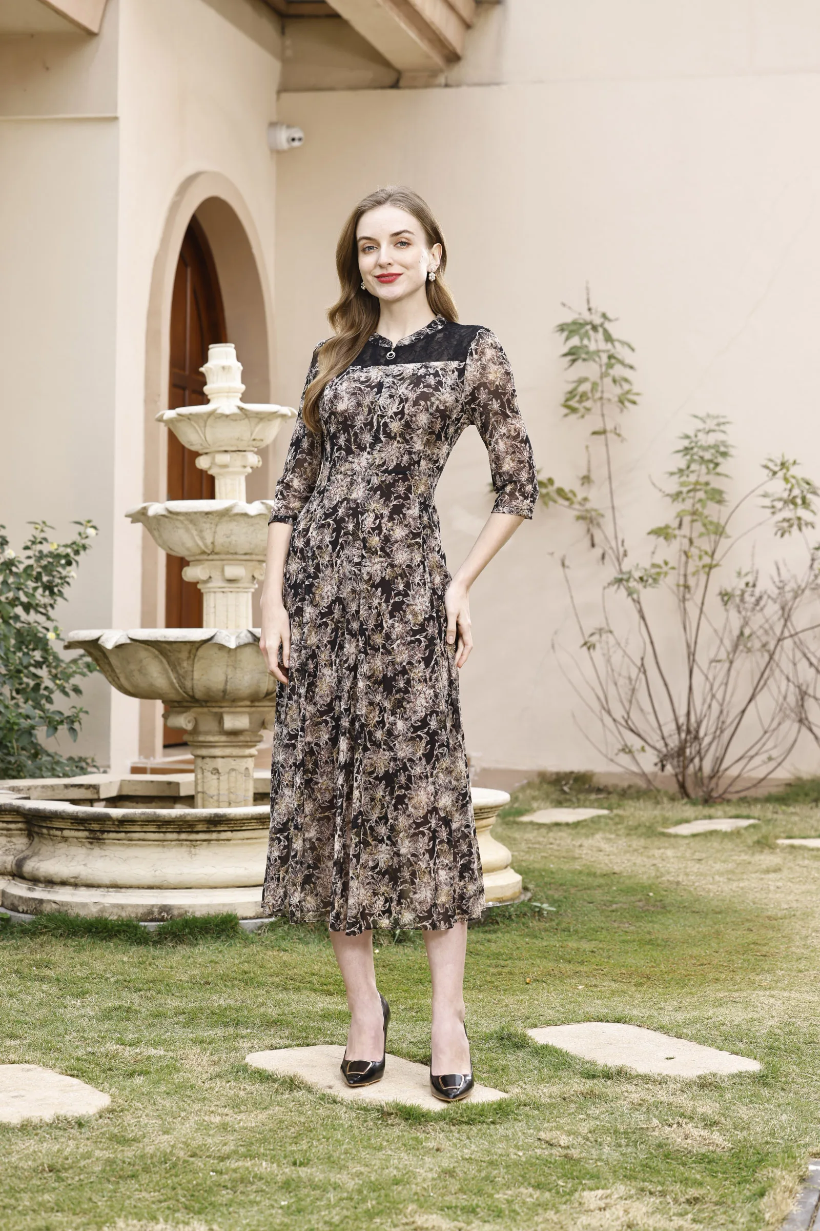 

Ximphony Elegant and Pretty Women's Dresses Evening Dress O-neck Zippers Three Quarter Sleeves Long Dresses for Women