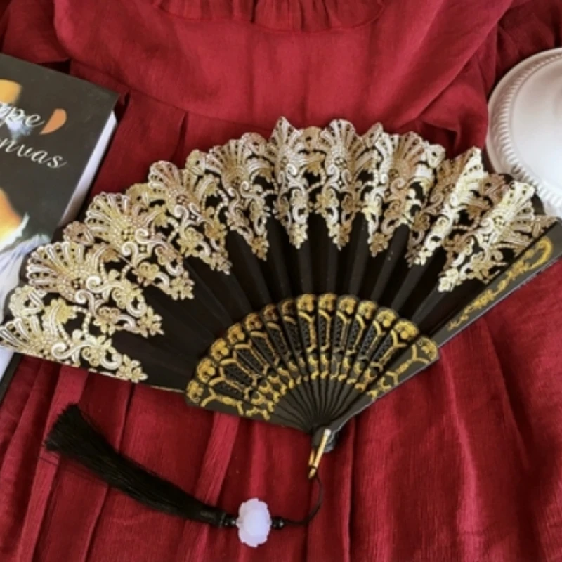 Folding retro pattern hand fan, single flower folding fan, Chinese dance fan, role-playing party decoration, women's handheld