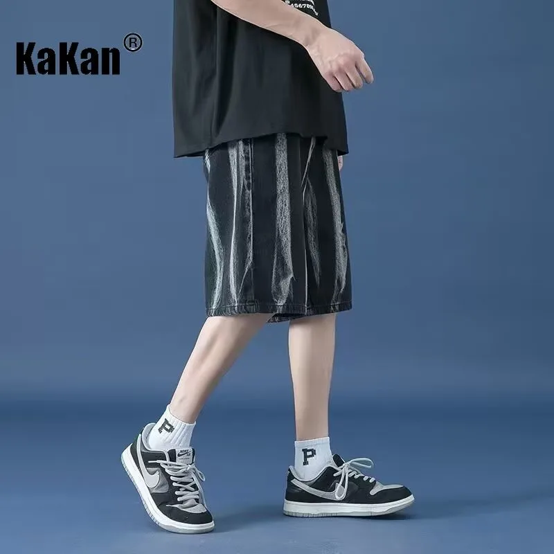 Kakan American New Vintage Tie Dyed Denim Shorts, Men's Summer Thin High Street Loose Black Split Casual Pants K63-1