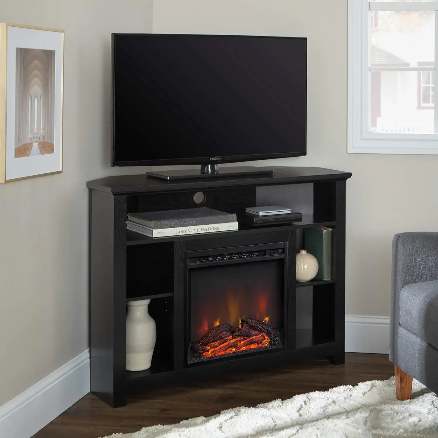 

Wood croft Classic Fireplace Corner TV Stand for TVs up to 50 Inches, 44 Inch, Black