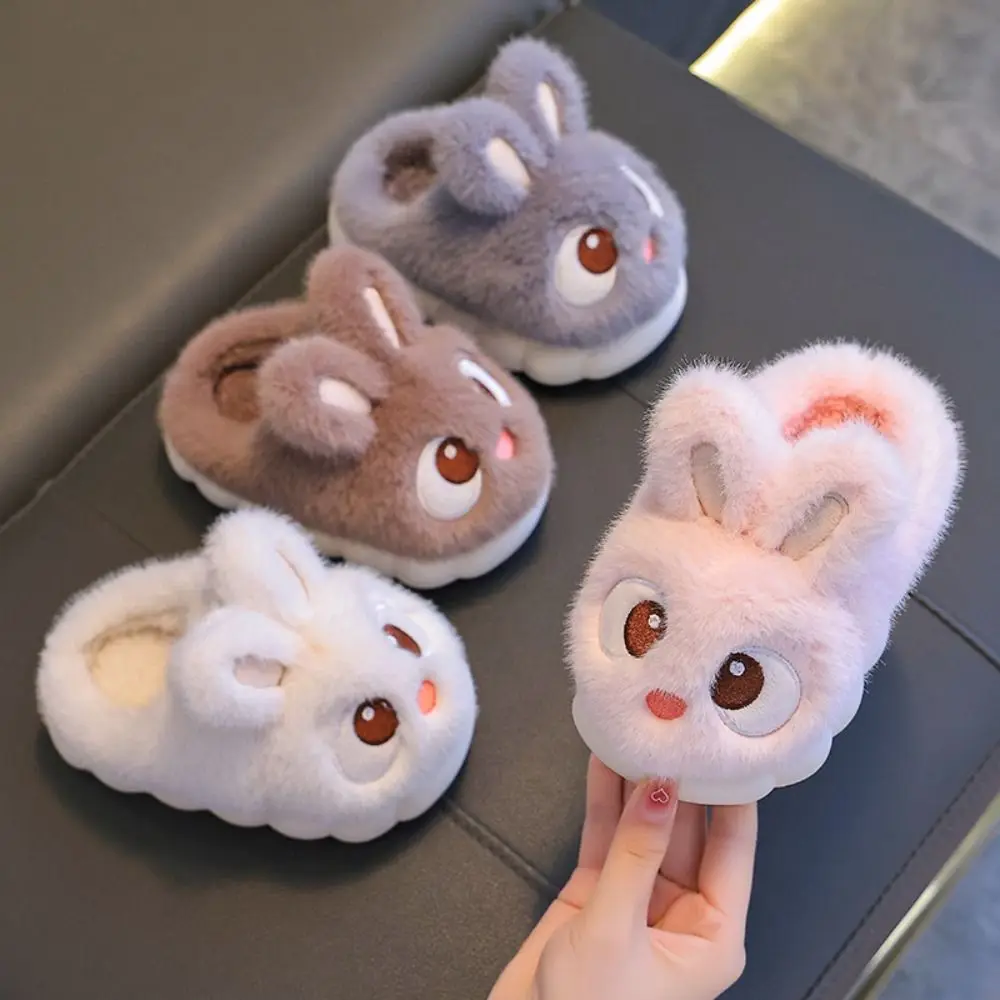Flat Sole Comfortable Warm Rabbit Slippers Faux Fur Fluffy Children's Slippers Big Eyed Waterproof Winter Slippers Indoor Home