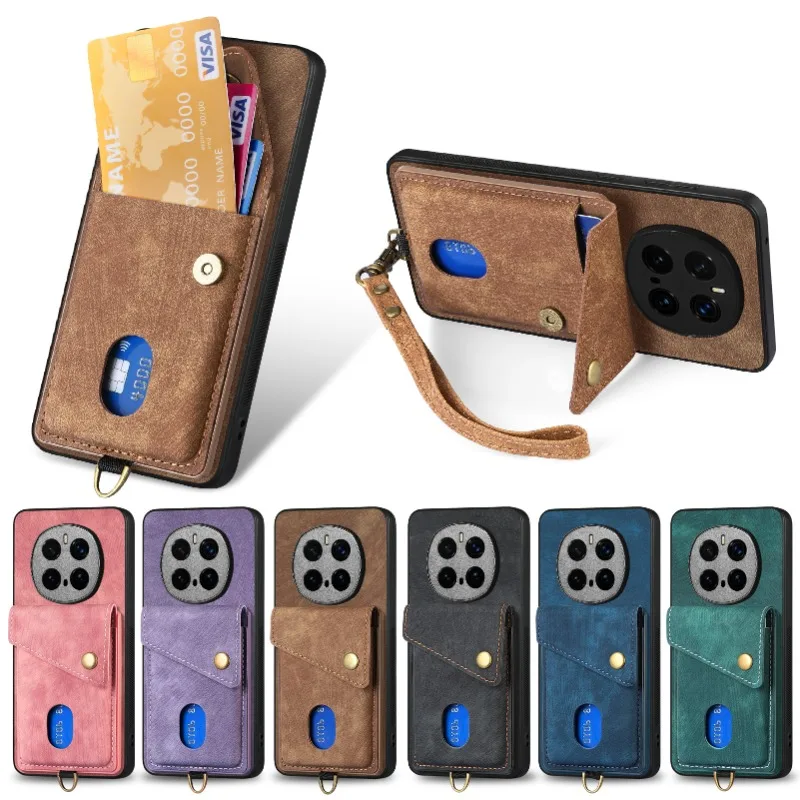 PU Leather Flip Wallet Card Holder Case with Stand, Lanyard, and Shockproof Bumper Cover