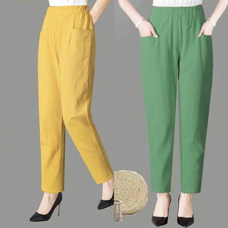 Large Size Korean Casual Thin Cotton Linen Pants Women Spring Summer Elastic Waist Ankle-Length Pants Woman Harem Trousers