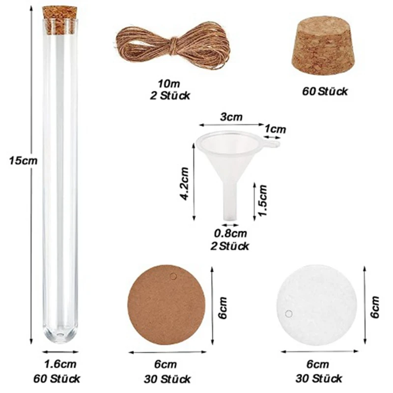 코르크가 있는 플라스틱 시험관, 크래프트 종이 태그 및 황마 로프 깔때기, 16x150mm(20ml)