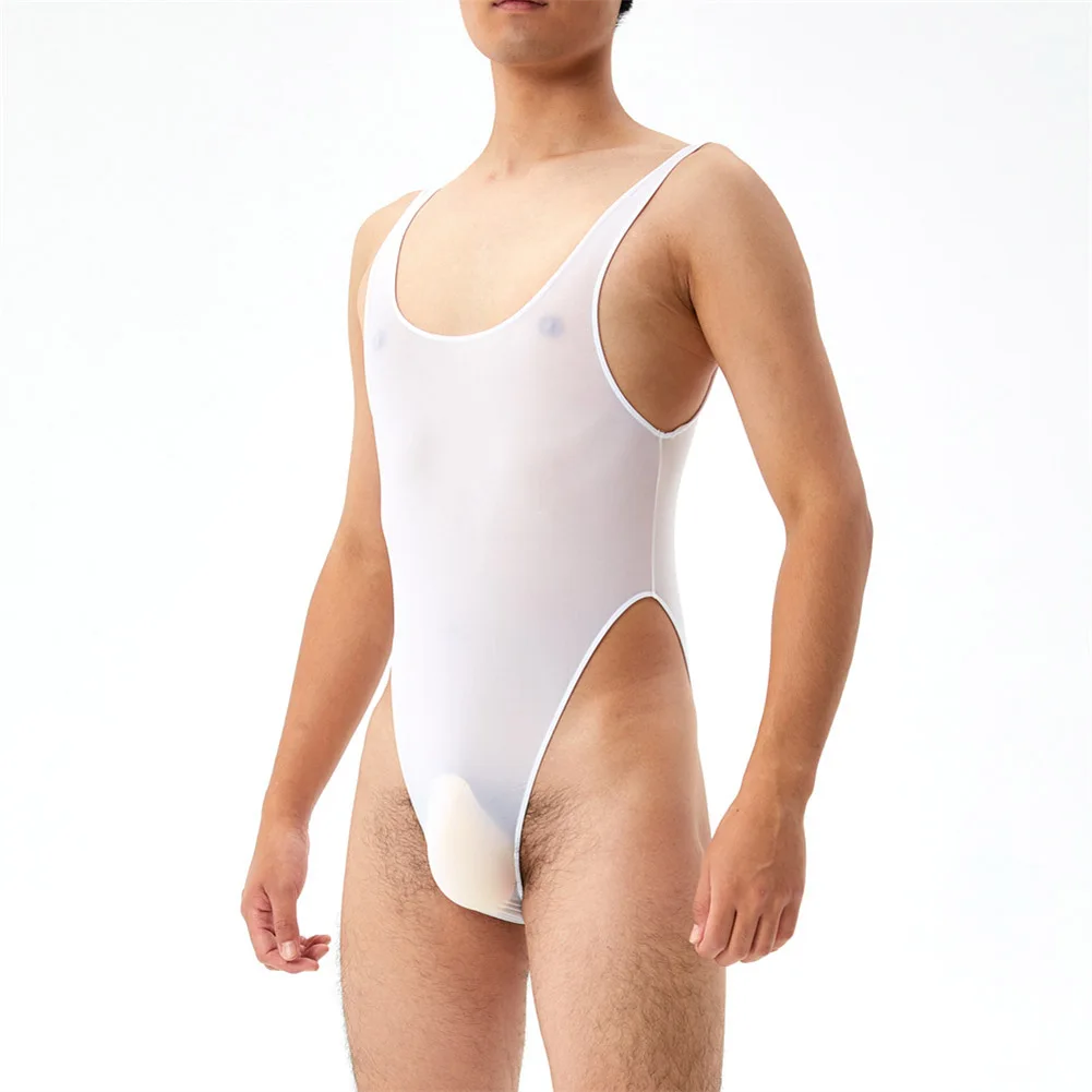 Men's Sexy See Through Sleeveless Romper Jumpsuits High Cut Tight Bodysuits Underwear Stretch Man Lingerie