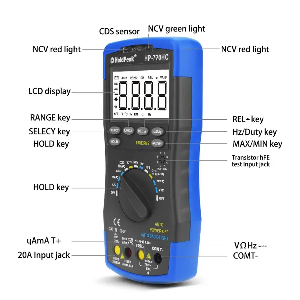 

Multimetro HoldPeak HP-770HC True RMS Auto Ranging Digital Multimeter with NCV Feature and Temperature/Frequency/Duty Cycle Test