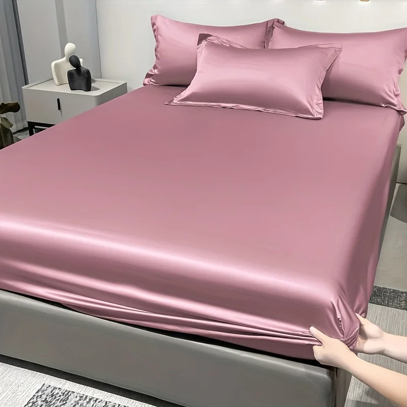 Description Picture 4 of item1 Simple Modern Satin Solid Color Fitted Sheet,Deep Pink Color Ice Silk Bedspread For Bedroom,Bedding (Excluding Pillowcases)