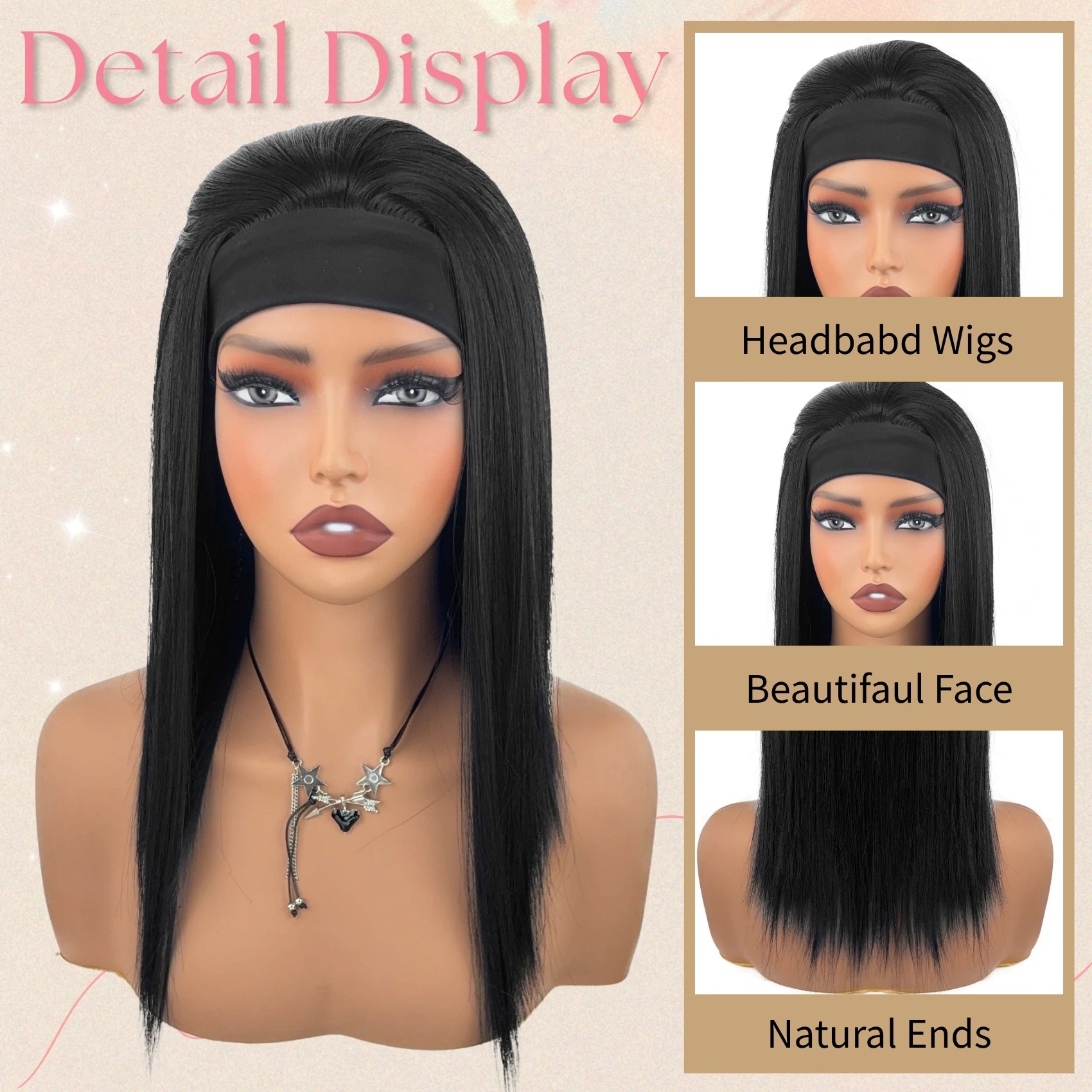 Women's Headband Wig, Black Straight Synthetic Hair, No-Glue Headband Wig, Suitable for Black Women 2