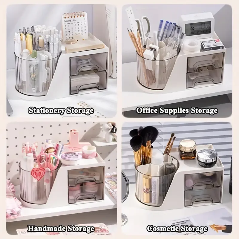 1pc 360-Degree Rotating Desk Organizer with Drawer - PET Pen Holder & Stationery Storage Box  multifunctional makeup storage box 4