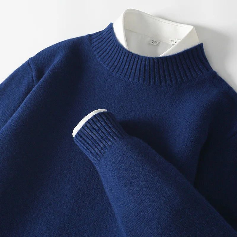 WOTEEWS 100% pure wool men's semi high neck sweater loose knit business casual men's long sleeved pullover sweater new product