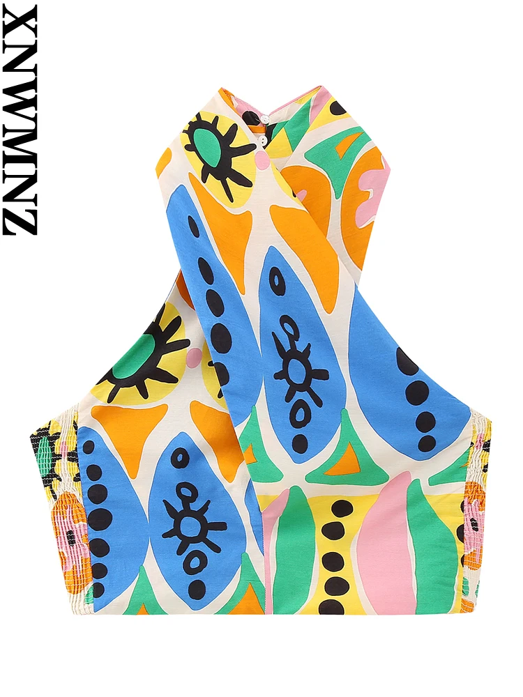 

XNWMNZ Women's Fashion 2023 Printed Halter Neck Top or High Waist Pleated Midi Skirt Holiday Style Female Chic Two Piece Set
