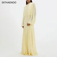 SXTHAENOO Yellow Dinner Loose Folds Maxi Dresses Women O Neck Shoulder Pud High Waist Temperament Dress Female Fashion Clothing - Image 3