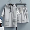 2 Pcs/Set Men Tracksuit Short Sleeve Hoodies+Pants Hooded Elastic Waist Summer Hip Hop Sweatshirt Sweatpants Loose Set 2