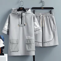 2 Pcs/Set Men Tracksuit Short Sleeve Hoodies+Pants Hooded Elastic Waist Summer Hip Hop Sweatshirt Sweatpants Loose Set 2