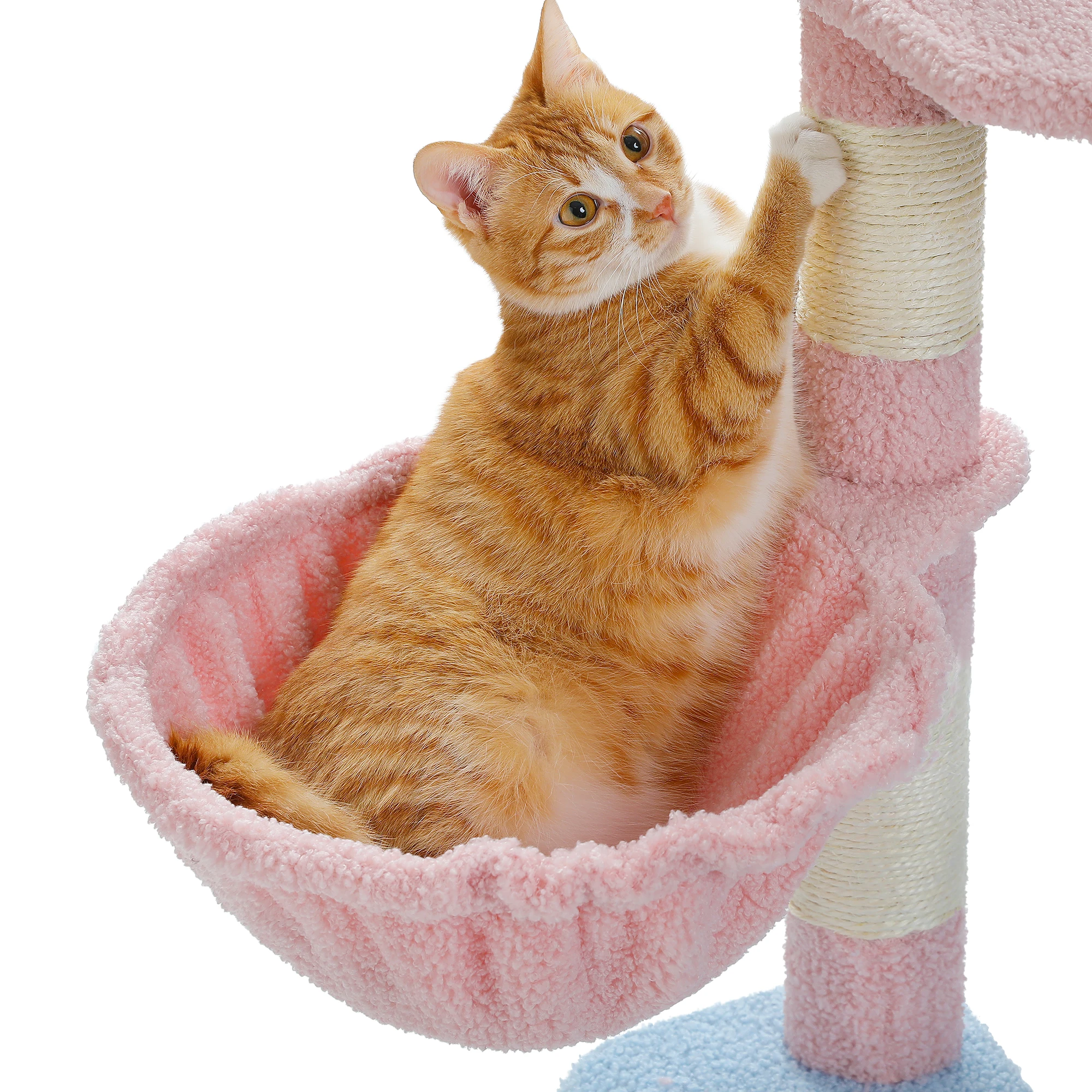 Multi-Level Cat Tower with Sisal Covered Scratching Posts Cute Cat Condo for Indoor Small Medium Cats Pink Top Perch,Ramp