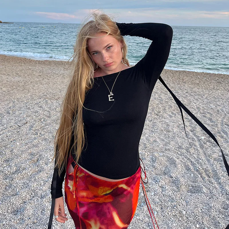 Top sexy de color liso con un solo hombro Y2k, manga larga, lazo con cordones, ropa de mujer, moda informal, ropa de calle, camisas para mujer