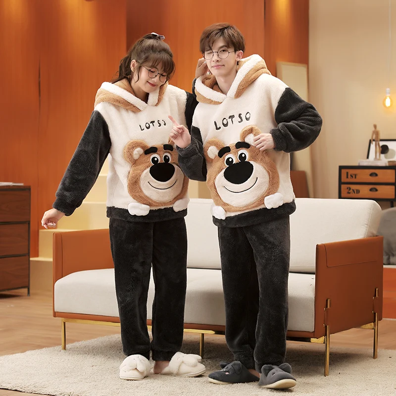 Couple Pajamas Set Women Men Thicken Pyjamas Winter Warm Anime Bear Kawaii Sleepwear Korean Loose Lovers Homewear Pijamas Suit