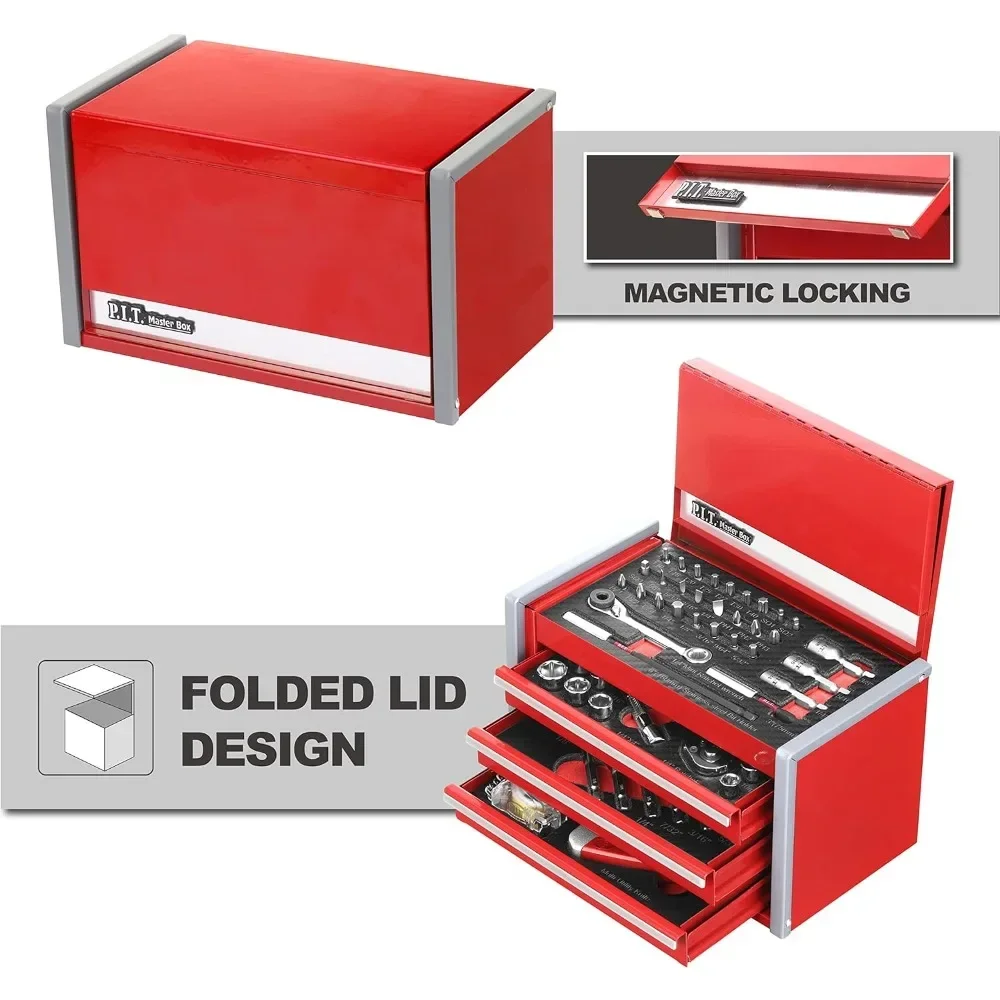 P.I.T. Portable 3 Drawer Steel Tool Box with 61-Pieces Mechanics Tool Set, Magnetic Locking, Red Hand Carry Tool Cases for Hand Tools Repair Tool Kit