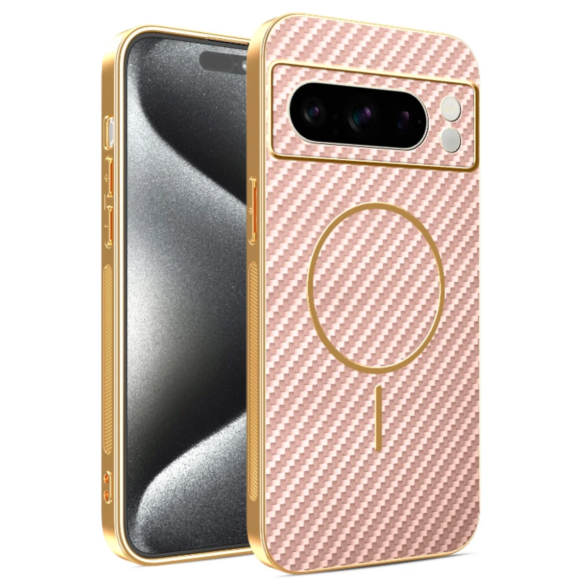 Carbon Fiber Texture Phone Case with Plating Frame and Magsafe Compatibility