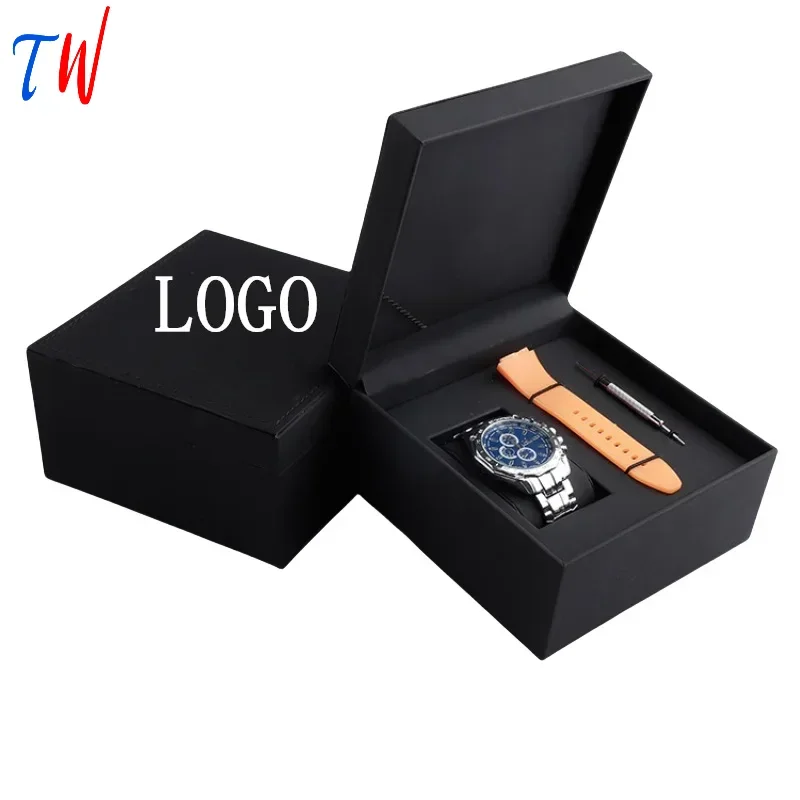 Luxurious Black PU Leather Watch Box with Strap Slot and Logo Customization