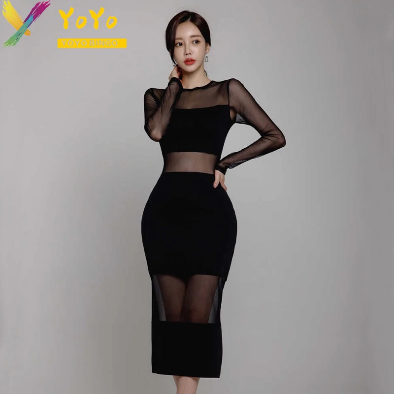 Yoyo Bingo 2023 Autumn Sexy Black Mesh Transparent Long Sleeve Dress Korean Slim Bodycon Elegant Party Nightclub Dress