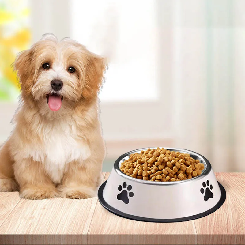 A variety of large-capacity stainless steel dog bowls feature a paw print design making them ideal for feeding and watering dogs A variety of large-capacity stainless steel dog bowls feature a paw print design making them ideal for feeding and watering dogs