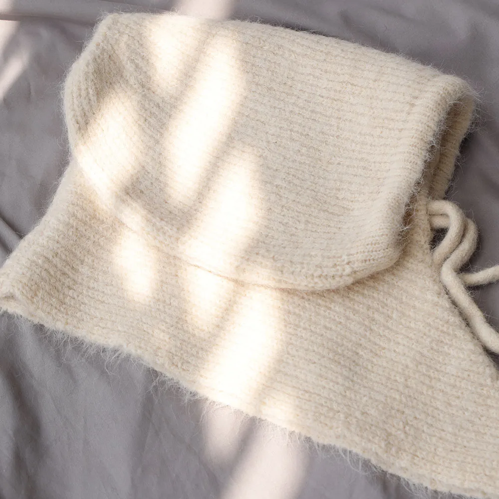 Unisex 100 % Wolle gestrickte Sturmhaube Winter Ohr Gesicht Hals schützen einteilige Schal Mütze weiche warme Kapuzenmützen Twist falscher Kragen – Detail 10
