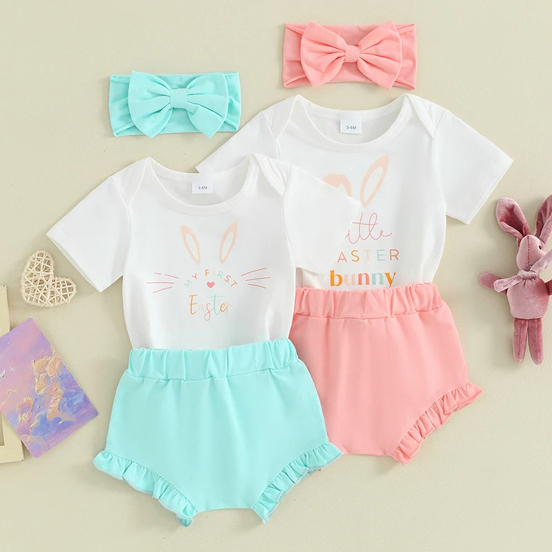 

3PCS Baby Girls Easter Shorts Sets Short Sleeve Letter Bunny Print Romper Tops Ruffle PP Shorts Headband Cute Clothes Sets