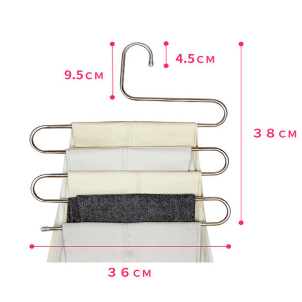 Clothes Hanger Pants Rack Clothes Rack Storage Hanger MultiFunctional Stainless Steel Trouser Hanger 5 Layers Pant Storage Cloth Rack S-type Non-slip Drying Rack Bathroom Organizer