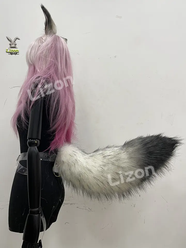 hbbhml Peloso animale gatto coda di volpe pelliccia sintetica lupo orecchie fascia collo collo chocker costume set per feste Halloween Cosplay