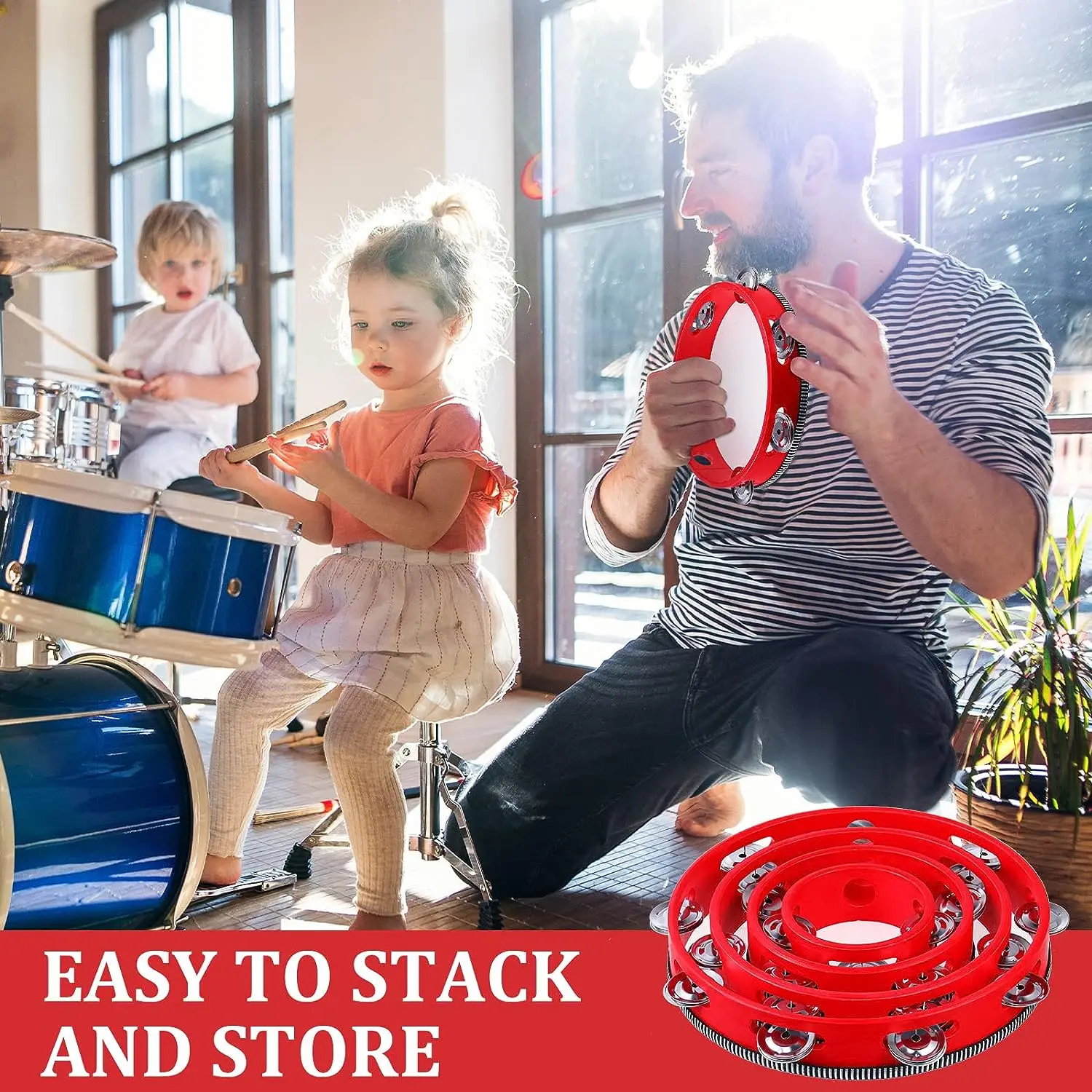 Description Picture 6 of item1Pc Wooden Tambourine 4/6/8/10-Inch Red Rim with Metal Jingles Musical Educational Percussion Instrument for Concert Church Pa