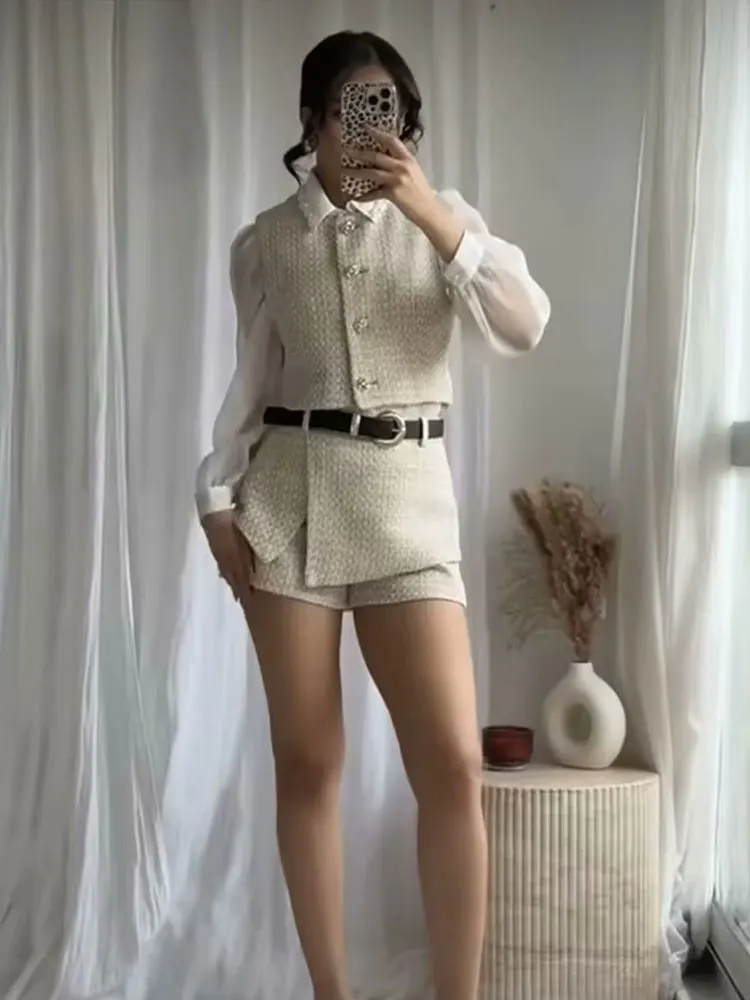 HH Women Fashion Shorts Sets Single-Breasted O Neck Cropped Vest High Waist Shorts Skirts With Belt High Street Lady Outfits