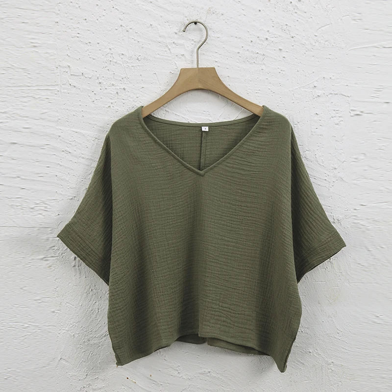 Muslin 100% Cotton Short Sleeve Tee Sexy V-Neck Oversized T-Shirt Streetwear Top Shirts And Blouse Lady Pulovers Camisetas 2